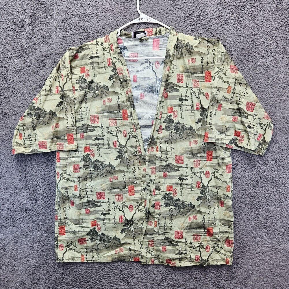 Malihini Hawaii Kimono Cardigan Mens Green‎ Japanese Print Short Sleeve